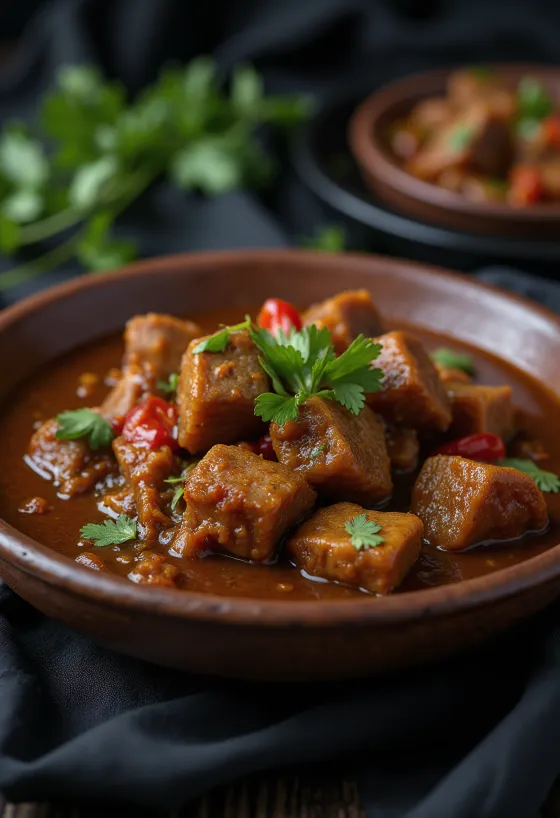 Sarapatel serveret med svinelever, tilberedt med rige krydderier og kokosmælk