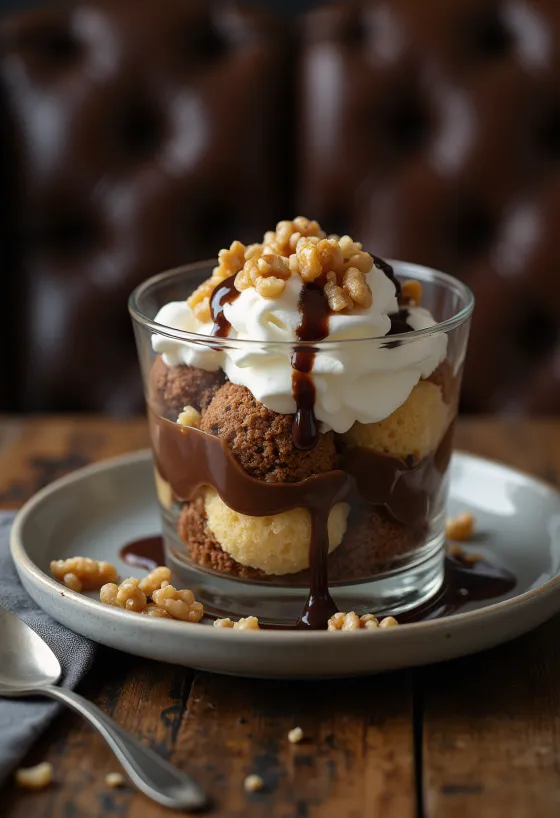 Somlói galuska lagt i lag med blød lagkagebund, vaniljecreme og chokoladesauce