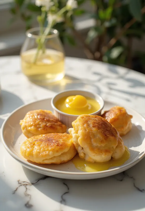 Æbleskiver med citroncreme, friske og runde, pyntet med citronsauce