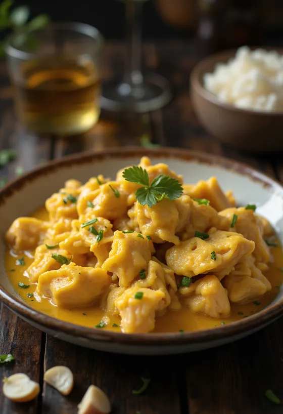 Ají de Gallina med hvidløg, serveret med saftigt kyllingekød og rig sauce.