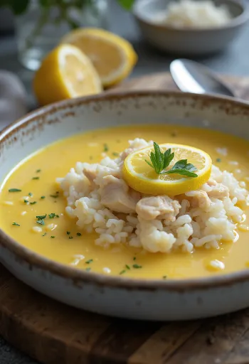 Avgolemono suppe med ris, citron-æggesuppe med kyllingebouillon, serveret med frisk persille