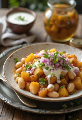 Ghugni chaat med kartofler og serveret med frisk koriander