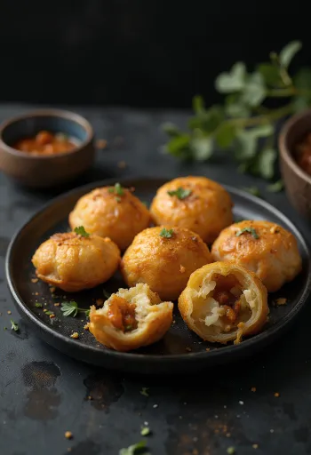 Kachori med grøntsagsfyld serveret med gyldenbrun, sprød skorpe