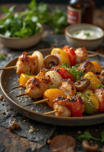 Kushiyaki yakitori blandede spyd med grøntsager og kød, serveret med sesamfrø og frisk forårsløg