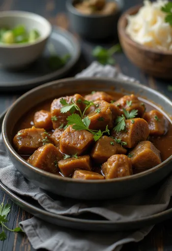 Sarapatel med svinehjerte, rig krydret kødret pyntet med frisk koriander