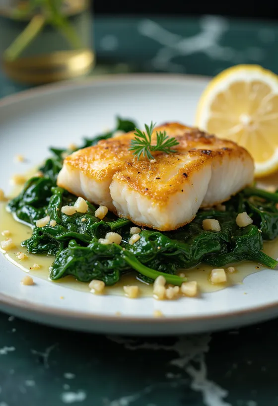 Stegt fisk med hvidløgsspinat serveret