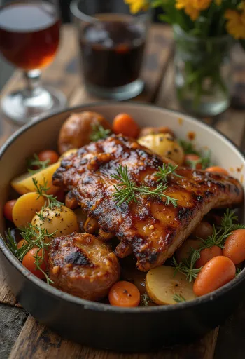 Stegte spareribs med grøntsager serveret