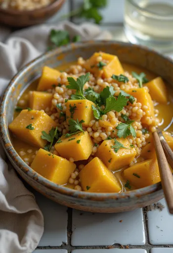 Græskarwok med karry-quinoa og tahin-tofu serveret