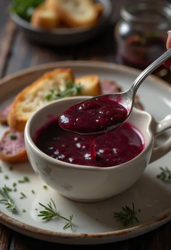 Cremet rødvinssauce med rosmarin i glas, serveret til stegt kød