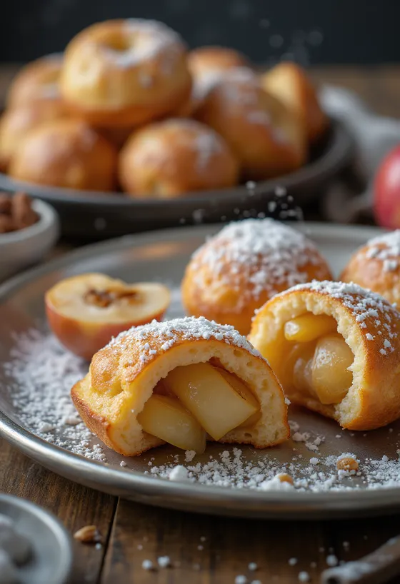Æbleskiver med æble-kanelfyld, bagt gyldenbrune, drysset med flormelis