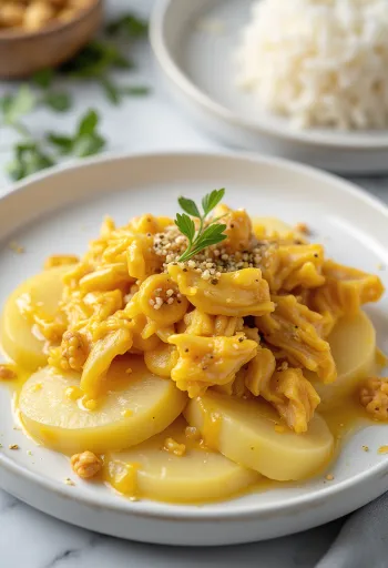 Ají de gallina uden æg, serveret med cremet gul sauce, kylling, ris og kartofler