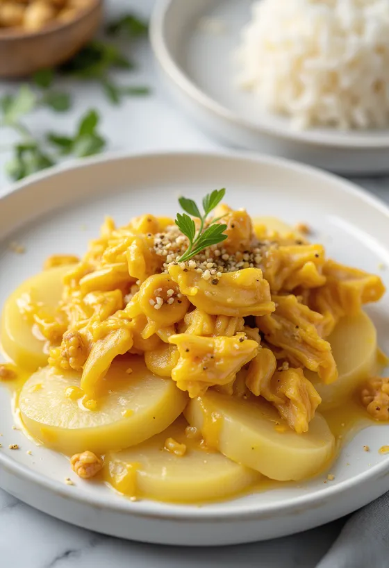 Ají de gallina uden æg, serveret med cremet gul sauce, kylling, ris og kartofler