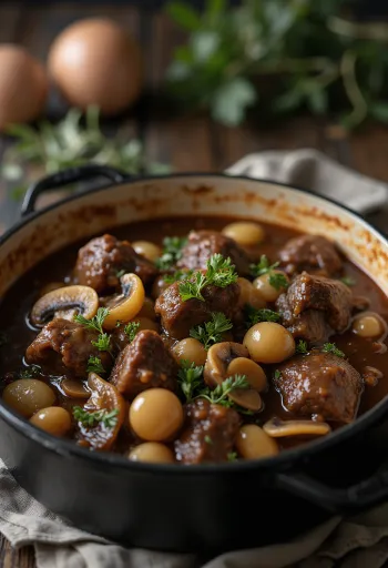 Boeuf Bourguignon serveret med frisk timian og brød