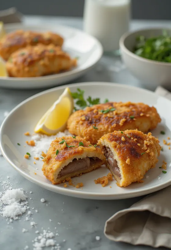 Sprød paneret svinelever stegt gyldenbrun, serveret med frisk salat.