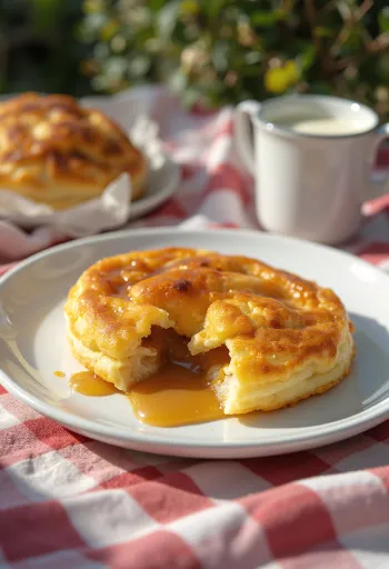 Æbleskiver fyldt med karamelcreme bagt gyldenbrune, drysset med flormelis