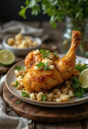 Ayam Penyet i hvidløgsmarinade, serveret med frisk koriander og spinat