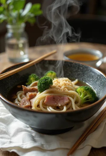 Beef udon frisk serveret, med stegt oksekød i rig sojasauce, grøntsager og æg
