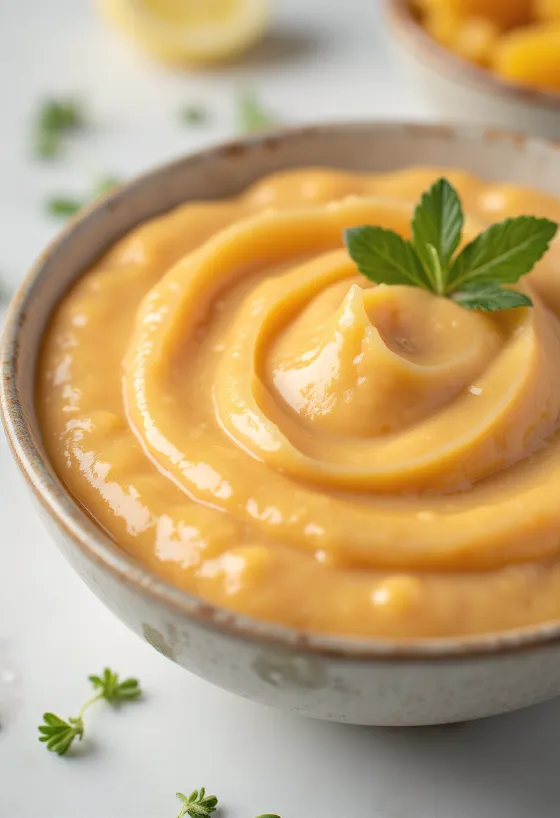 Mango-lime-tahinisauce serveret i en skål