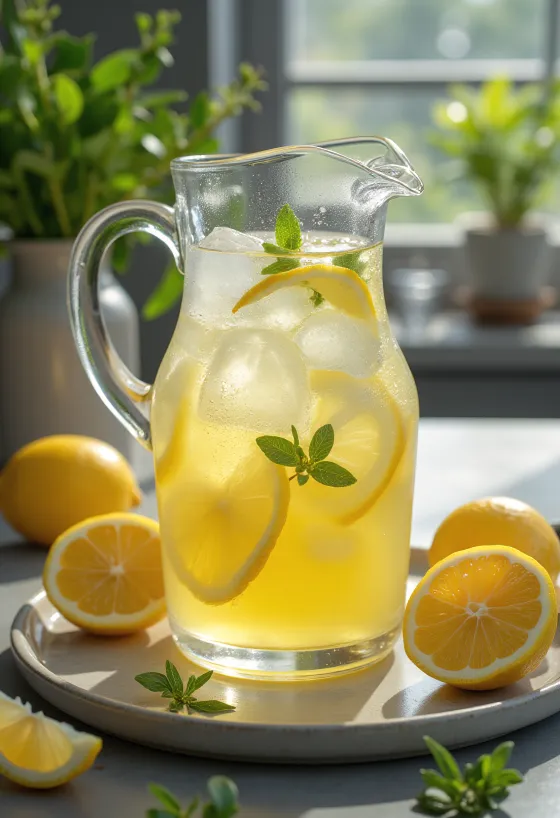 Mynte limonade serveret med frisk citron og is