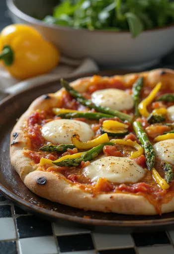 Pizza Primavera med forårsgrøntsager og basilikum