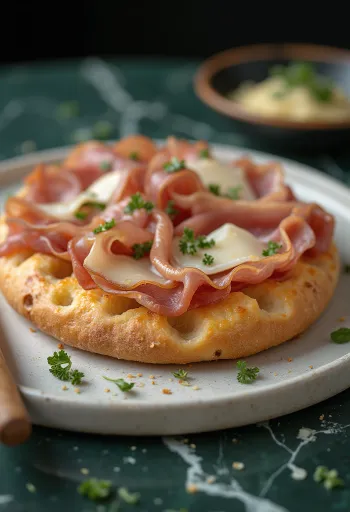 Focaccia med Prosciutto Crudo og parmesan serveret