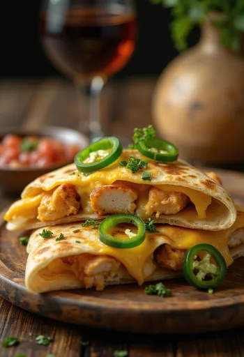 Quesadilla med jalapeño, sprød, gyldenbrun tortilla fyldt med kyllingekød, ost og jalapeño