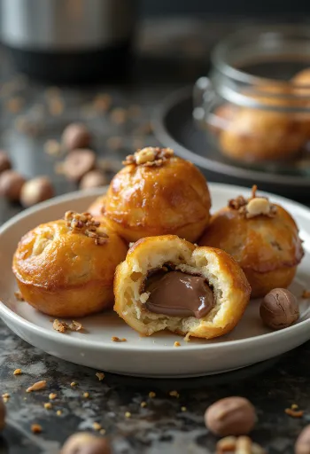 Nutellafyldte æbleskiver bagt gyldenbrune, drysset med flormelis