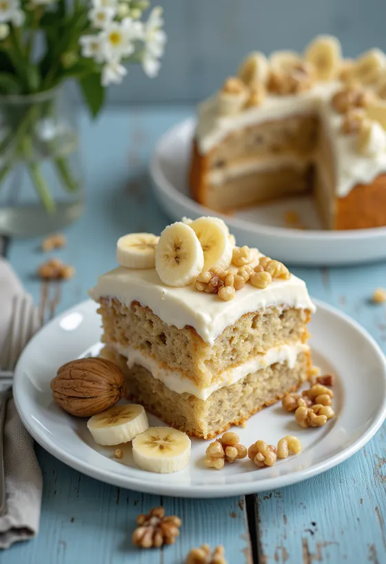 Banan-valnøddekage pyntet med friske bananskiver og valnødder