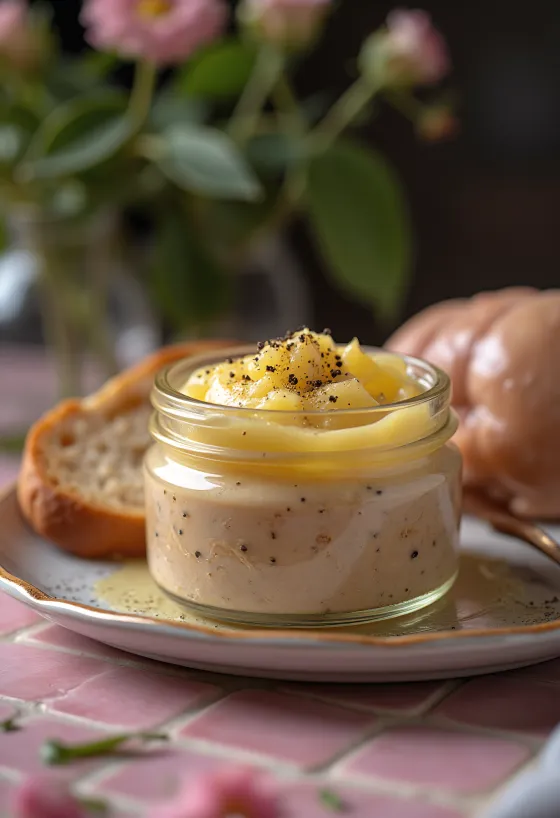 Kyllingeleverpostej med cremet konsistens, serveret med friske krydderurter og sprød toast