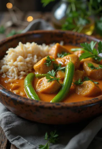 Kare-Kare gryderet serveret med grønne bønner og frisk koriander