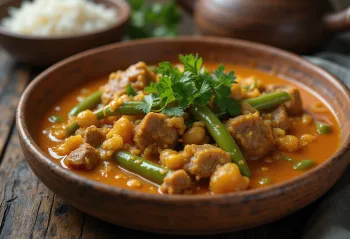 Kare-Kare gryderet serveret med grønne bønner og frisk koriander