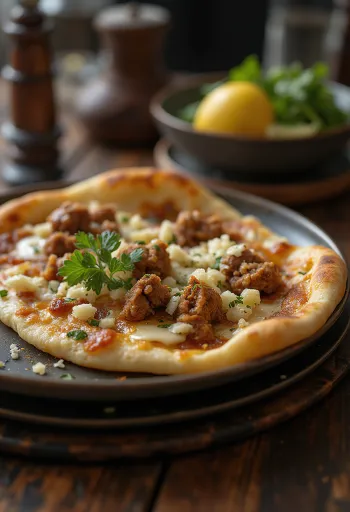 Lahmacun med hvidløg, serveret med frisk dej og krydret kødfyld
