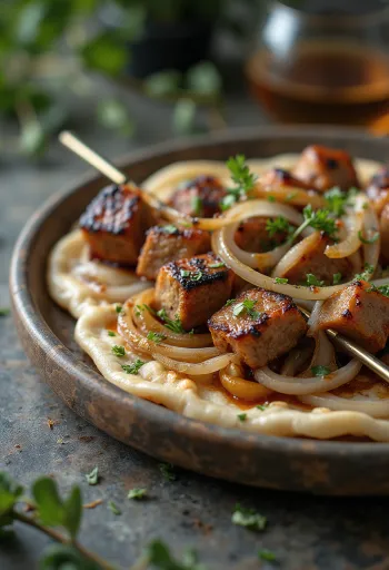 Shashlik spyd serveret med grillede grøntsager