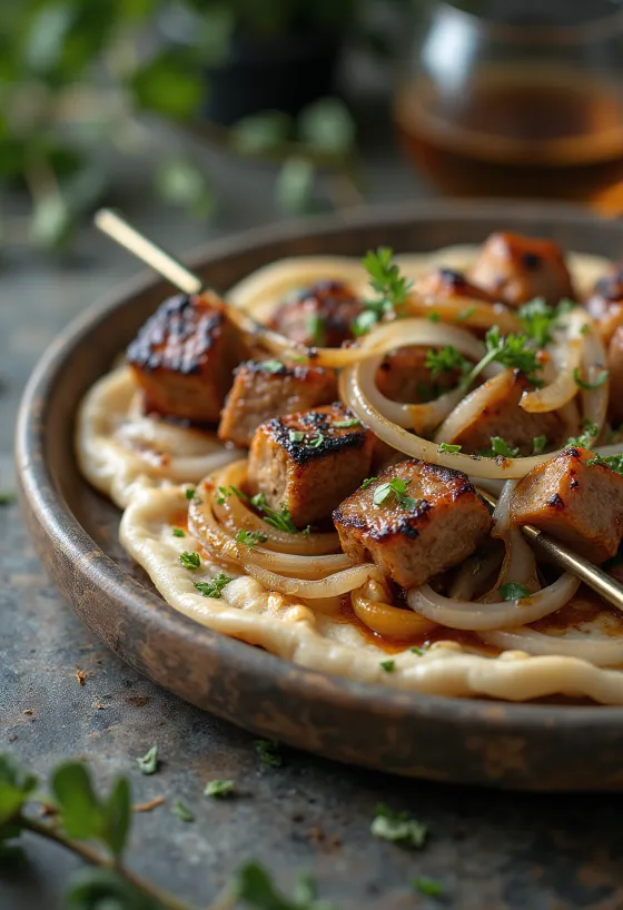 Shashlik spyd serveret med grillede grøntsager