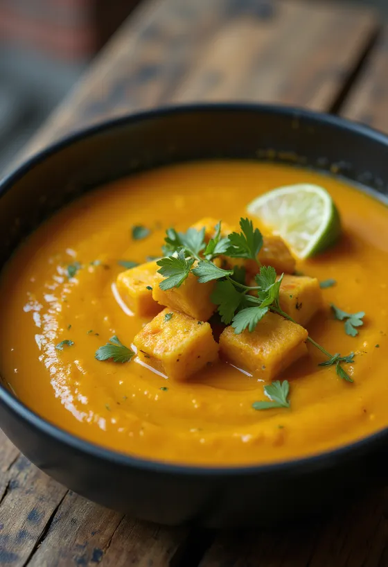 Græskarcreme med karry tofu