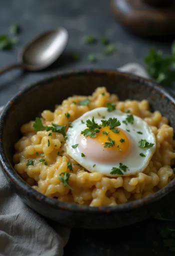 Açorda med pocheret æg, pyntet med frisk koriander, dryppet med citronsaft
