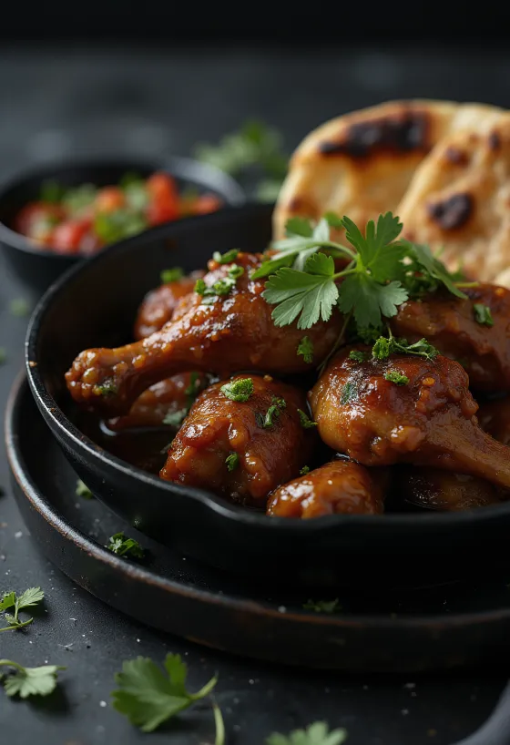 Adobo kylling serveret med naanbrød i lækker krydret sauce