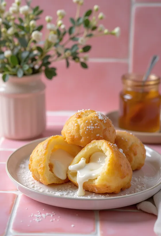 Æbleskiver med ricottafyld, i gyldenbrun farve, serveret drysset med flormelis