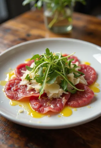 Oksemørbrad carpaccio serveret med rucola og parmesan