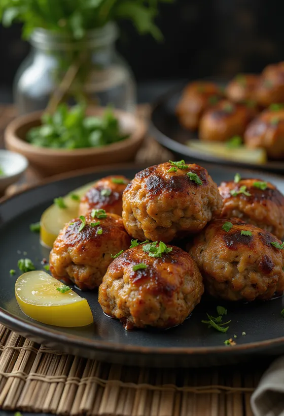 Frikadeller serveret med kogte kartofler og kålsalat