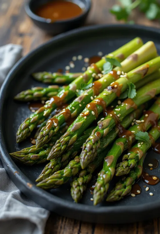 Grillede asparges med sesamdressing serveret