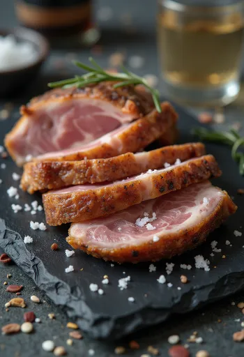 Iberico svine-secreto serveret med citronbåde og grillede grøntsager.