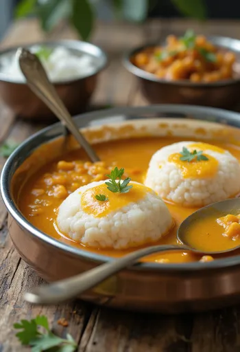 Frisklavet idli med sambar, dampet idli og krydret linsesauce