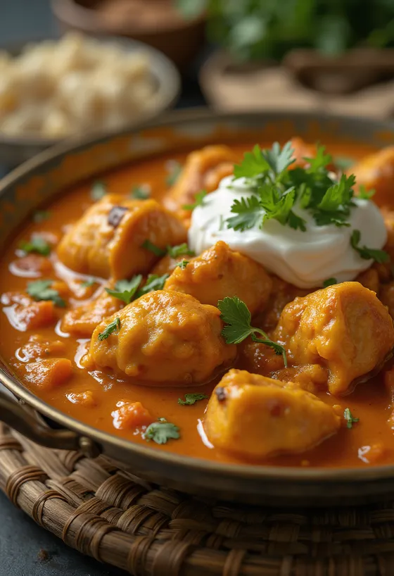Kylling tikka masala i cremet tomatsauce, pyntet med frisk koriander