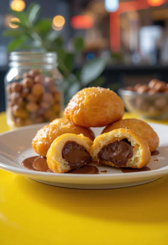 Loukoumades fyldt med Nutella, gyldenbrune dejkugler, serveret med fyld og flormelis