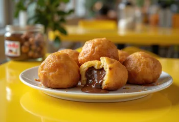 Loukoumades fyldt med Nutella, gyldenbrune dejkugler, serveret med fyld og flormelis