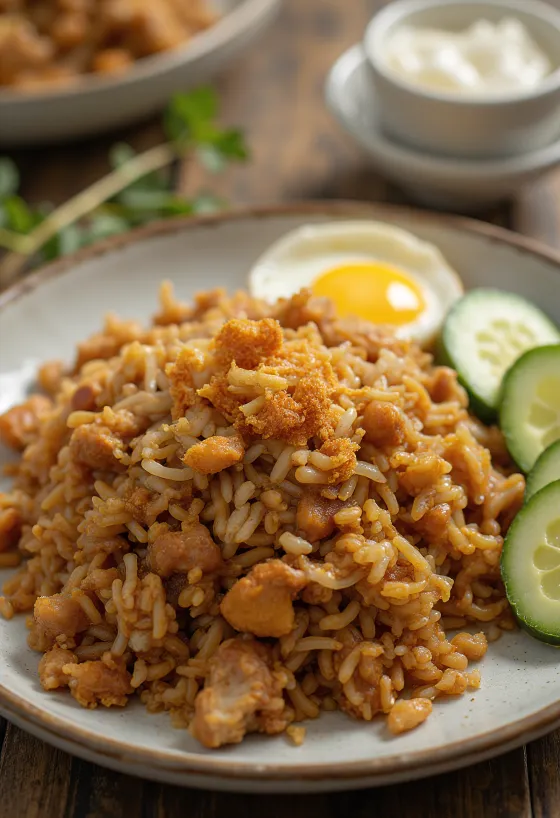 Nasi Goreng serveret med frisk agurk og koriander