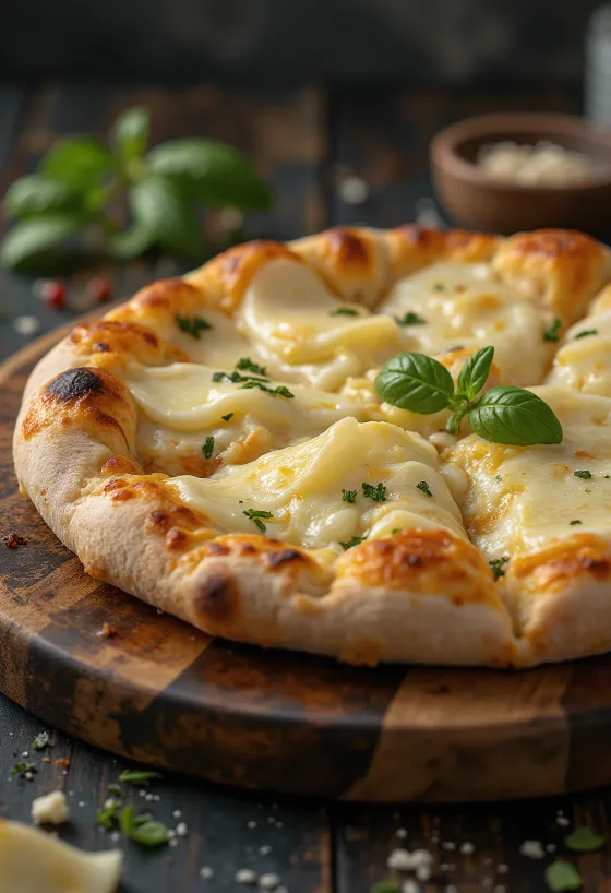 Pizza ai Formaggi serveret med forskellige oste og frisk basilikum