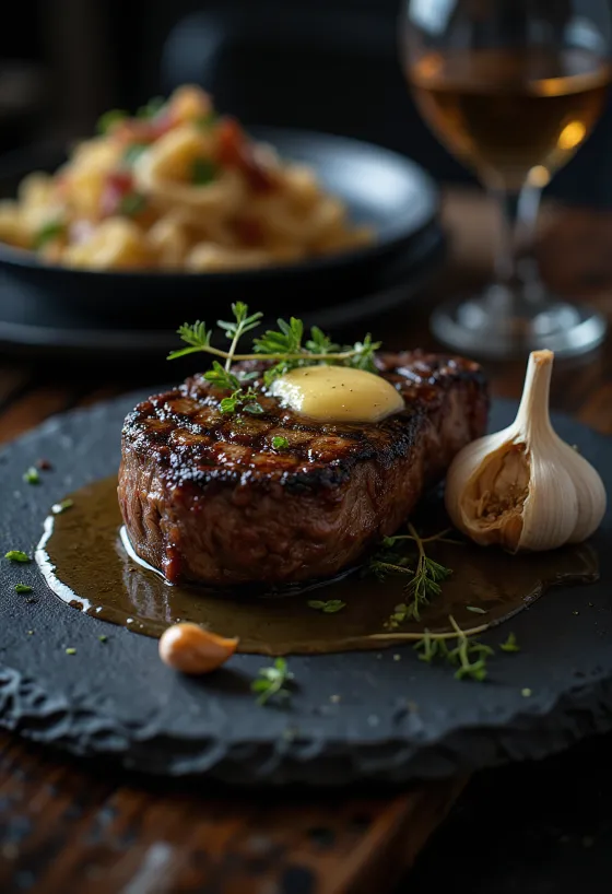 Rib eye steak stegt gyldenbrun, serveret med friske krydderurter og smør