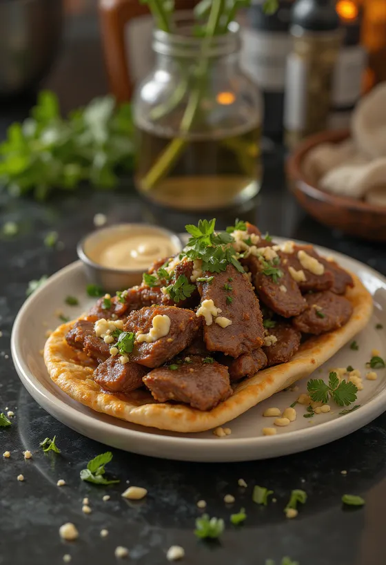 Lammekøds-shawarma, friske grøntsager og yoghurt